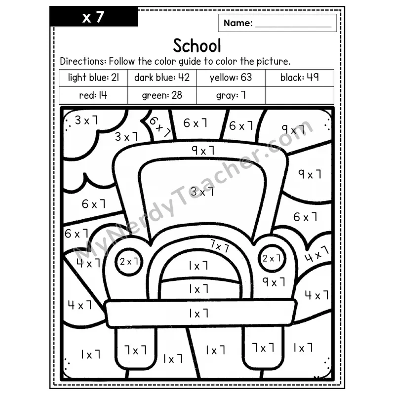 Multiplication Color by Number — x7 — School (Page 4)