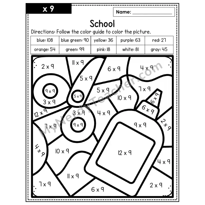 Multiplication Color by Number — x9 — School (Page 6)