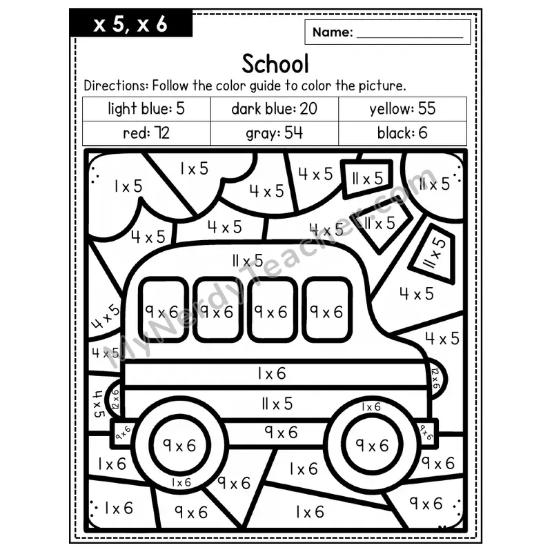 Multiplication Color by Number — x5, x6 — School (Page 3)