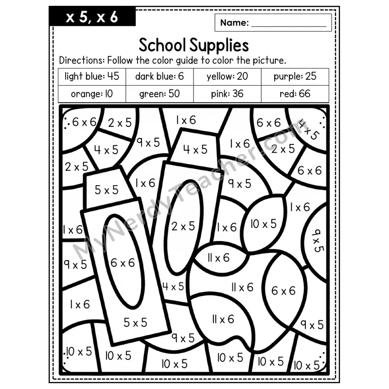 Multiplication Color by Number — x5, x6 — School Supplies (Page 3)