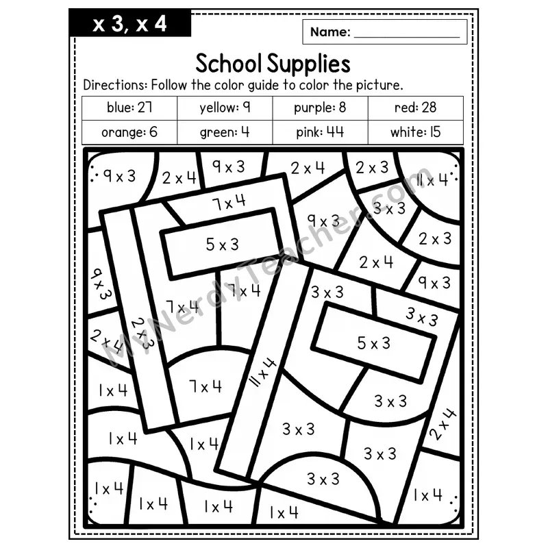 Multiplication Color by Number — x3, x4 — School Supplies (Page 2)