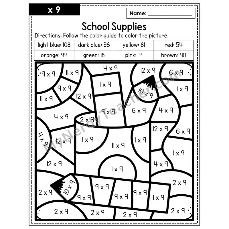 Multiplication Color by Number — x9 — School Supplies (Page 6)