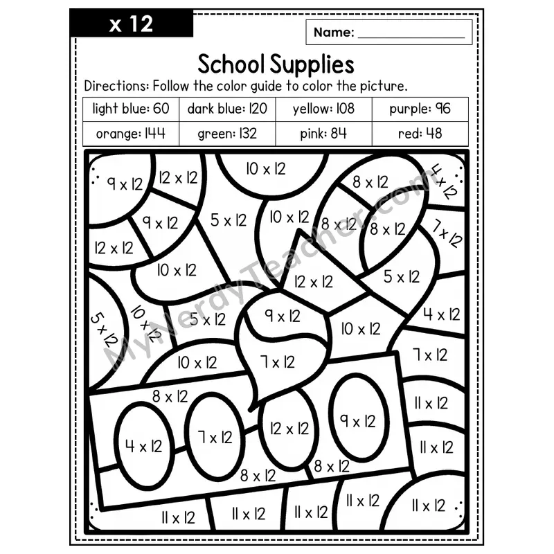 Multiplication Color by Number — x12 — School Supplies (Page 8)