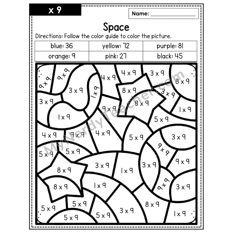 Multiplication Color by Number — x9 — Space (Page 6)
