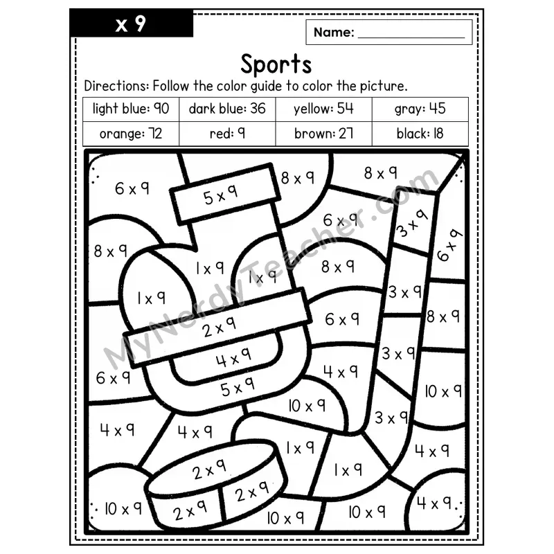 Multiplication Color by Number — x9 — Sports (Page 6)