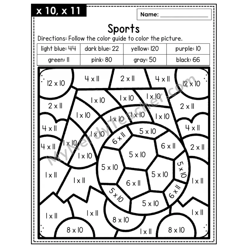 Multiplication Color by Number — x10, x11 — Sports (Page 7)
