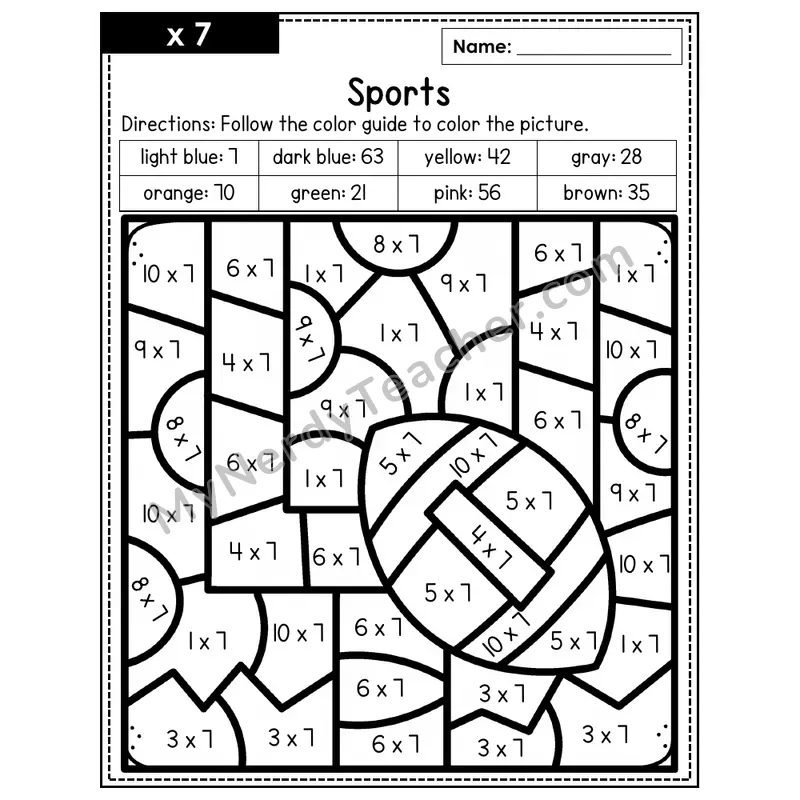 Multiplication Color by Number — x7 — Sports (Page 4)