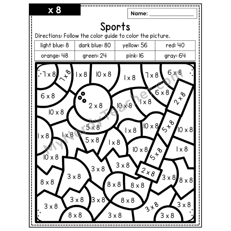 Multiplication Color by Number — x8 — Sports (Page 5)
