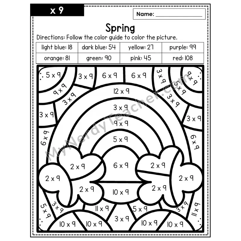 Multiplication Color by Number — x9 — Spring (Page 6)