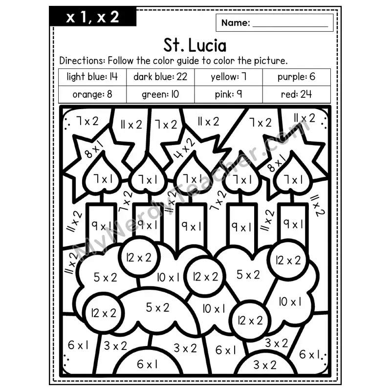 Multiplication Color by Number — x1, x2 — St. Lucia (Page 1)