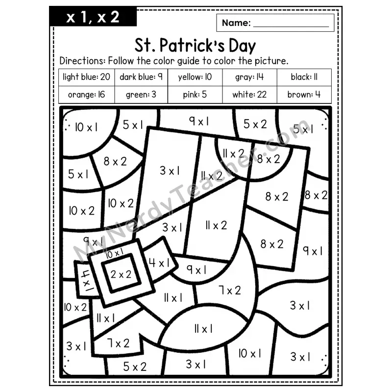 Multiplication Color by Number — x1, x2 — St. Patrick's Day (Page 1)