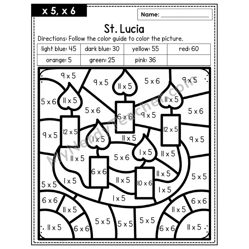 Multiplication Color by Number — x5, x6 — St. Lucia (Page 3)
