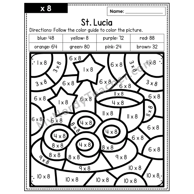 Multiplication Color by Number — x8 — St. Lucia (Page 5)