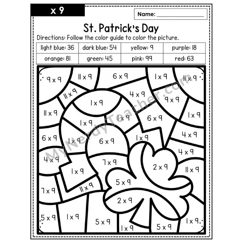 Multiplication Color by Number — x9 — St. Patrick's Day (Page 6)