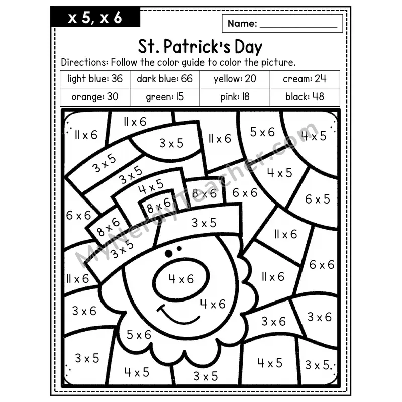 Multiplication Color by Number — x5, x6 — St. Patrick's Day (Page 3)