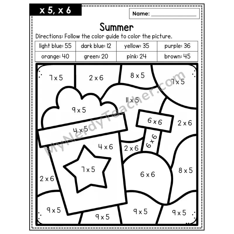Multiplication Color by Number — x5, x6 — Summer (Page 3)