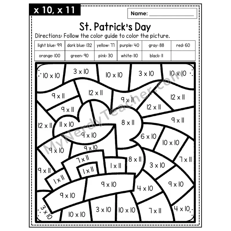 Multiplication Color by Number — x10, x11 — St. Patrick's Day (Page 7)