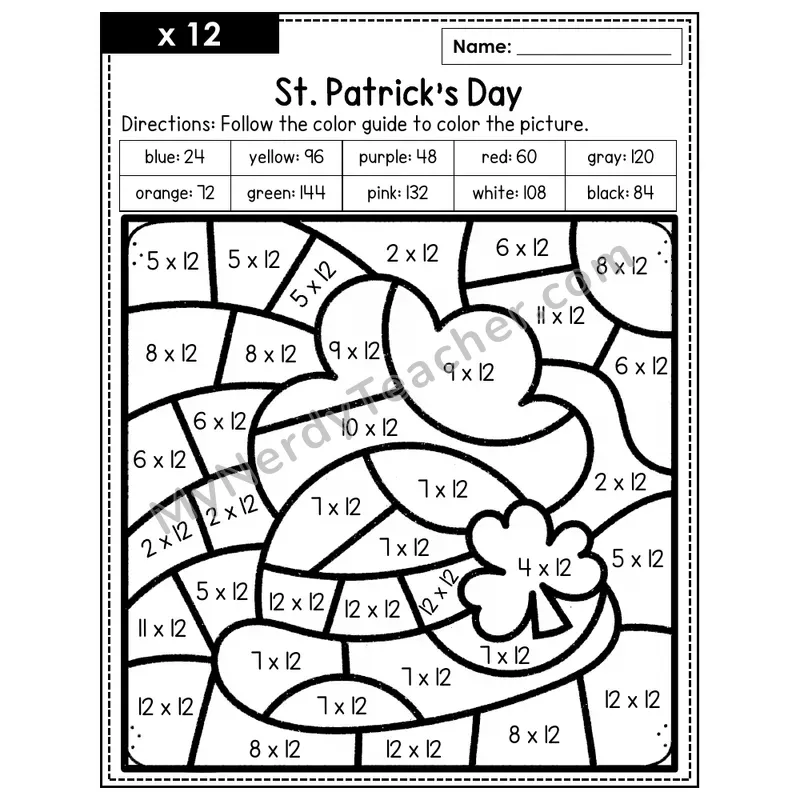 Multiplication Color by Number — x12 — St. Patrick's Day (Page 8)