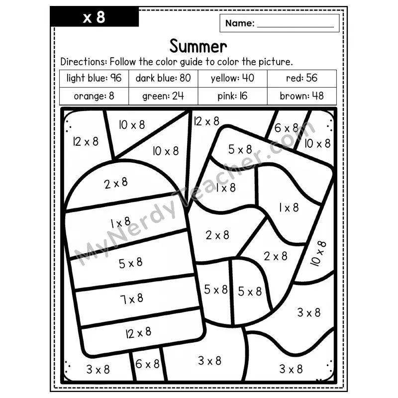 Multiplication Color by Number — x8 — Summer (Page 5)