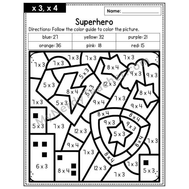 Multiplication Color by Number — x3, x4 — Superhero (Page 2)