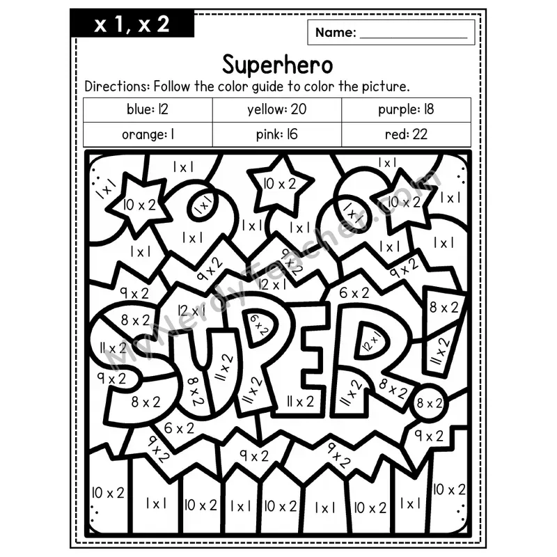 Multiplication Color by Number — x1, x2 — Superhero (Page 1)