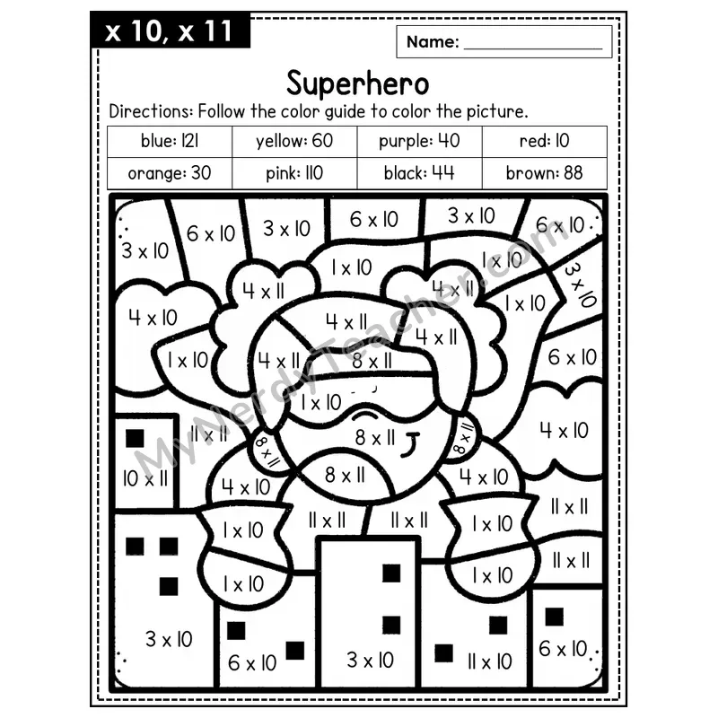 Multiplication Color by Number — x10, x11 — Superhero (Page 7)