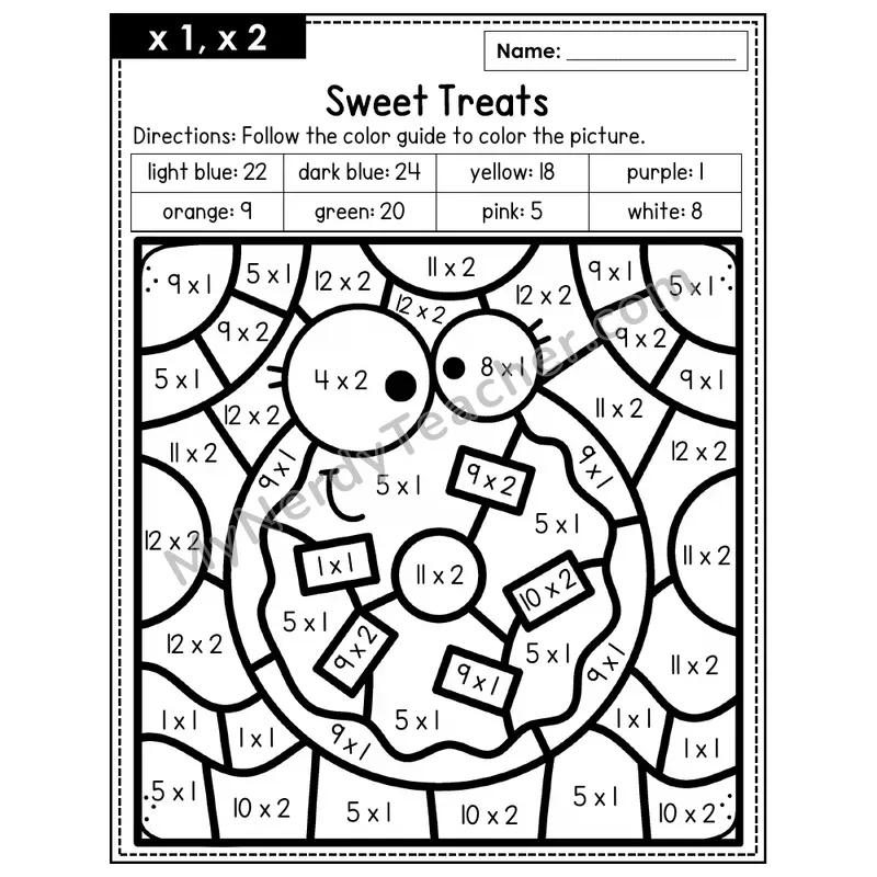 Multiplication Color by Number — x1, x2 — Sweet Treats (Page 1)