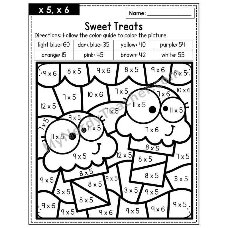 Multiplication Color by Number — x5, x6 — Sweet Treats (Page 3)