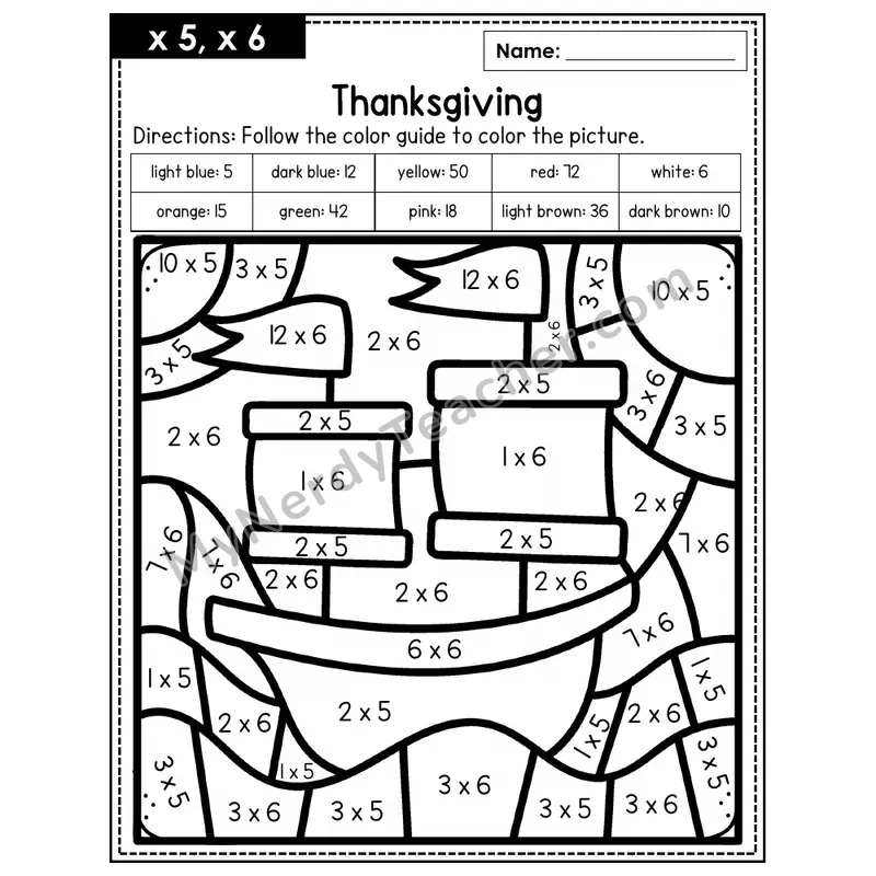 Multiplication Color by Number — x5, x6 — Thanksgiving (Page 3)