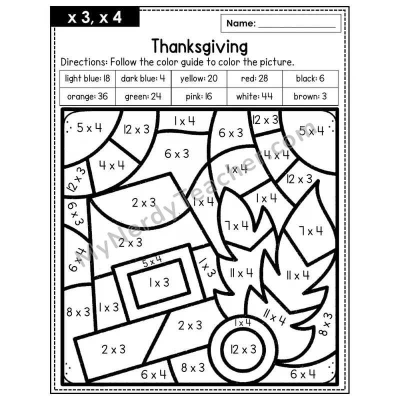 Multiplication Color by Number — x3, x4 — Thanksgiving (Page 2)