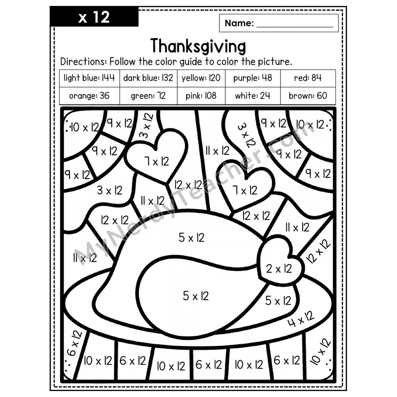 Multiplication Color by Number — x12 — Thanksgiving (Page 8)