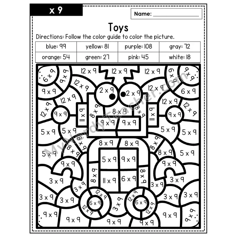 Multiplication Color by Number — x9 — Toys (Page 6)