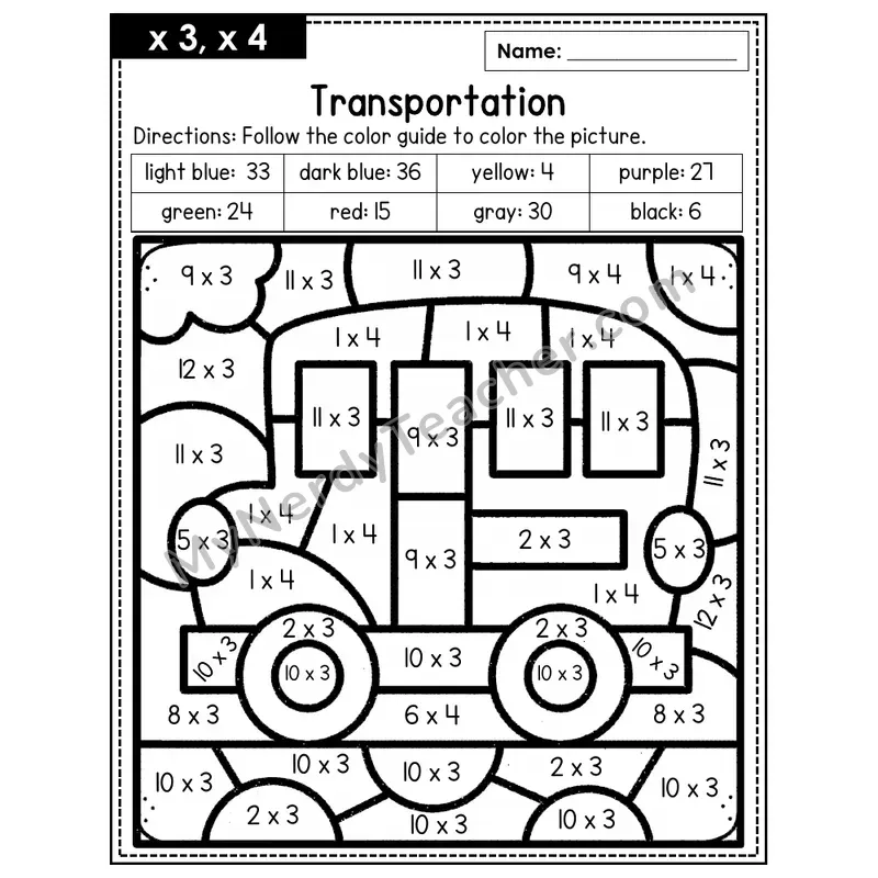Multiplication Color by Number — x3, x4 — Transportation (Page 2)