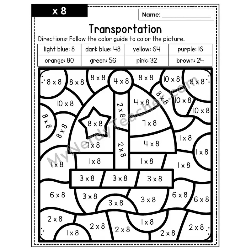 Multiplication Color by Number — x8 — Transportation (Page 5)