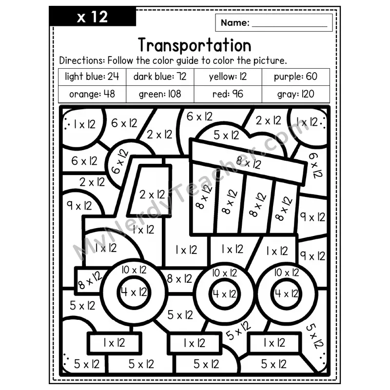 Multiplication Color by Number — x12 — Transportation (Page 8)