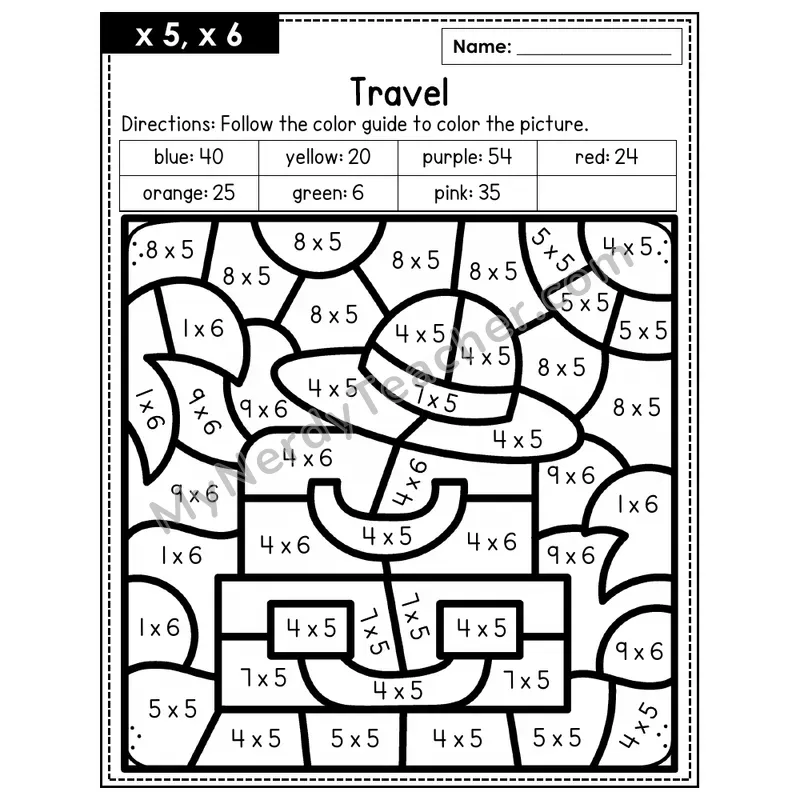Multiplication Color by Number — x5, x6 — Travel (Page 3)