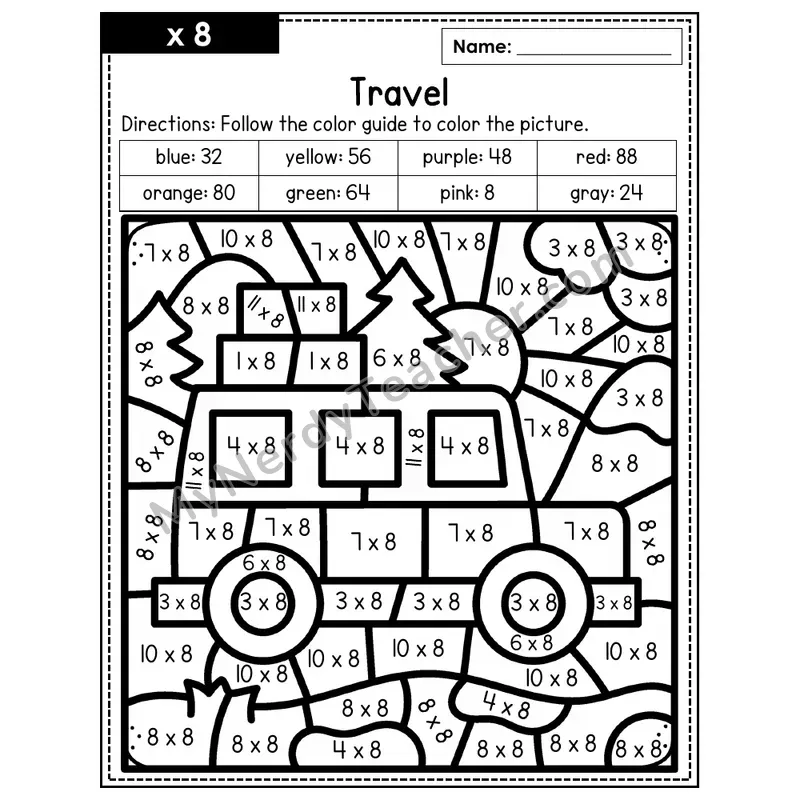Multiplication Color by Number — x8 — Travel (Page 5)