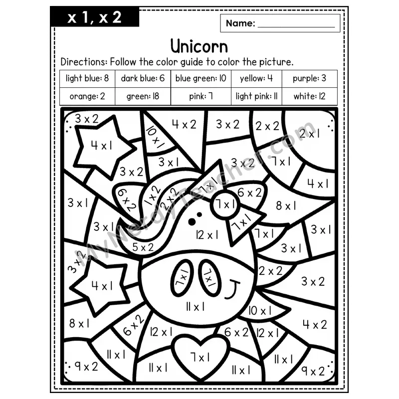 Multiplication Color by Number — x1, x2 — Unicorn (Page 1)