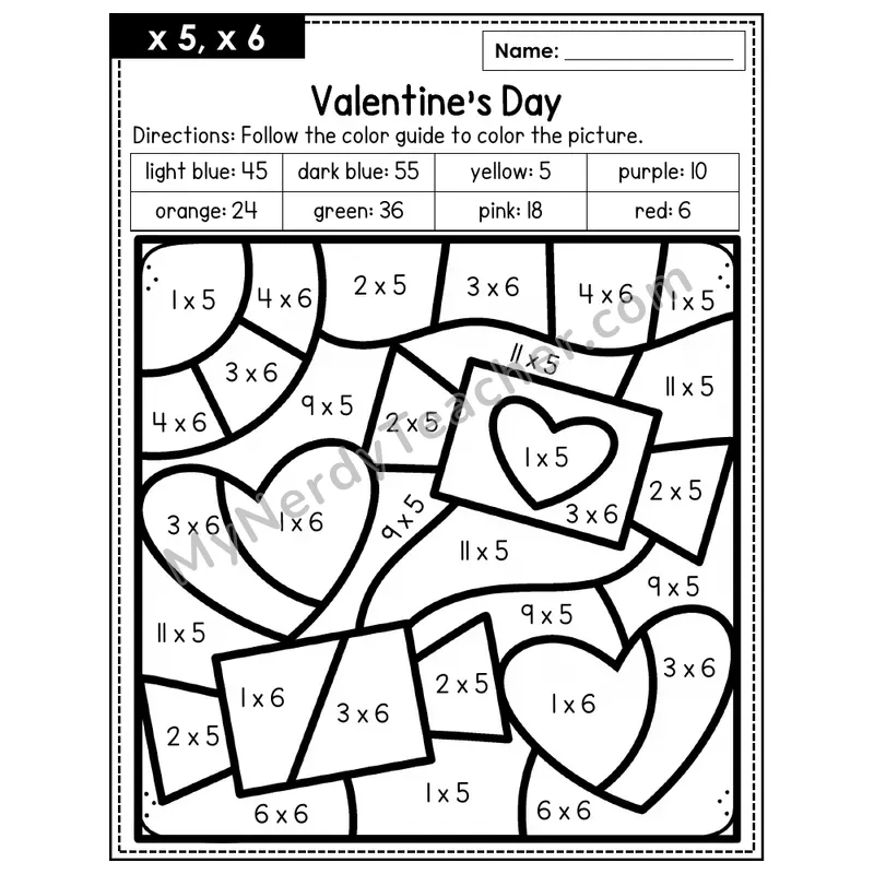 Multiplication Color by Number — x5, x6 — Valentine's Day (Page 3)