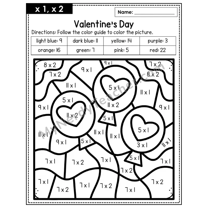 Multiplication Color by Number — x1, x2 — Valentine's Day (Page 1)