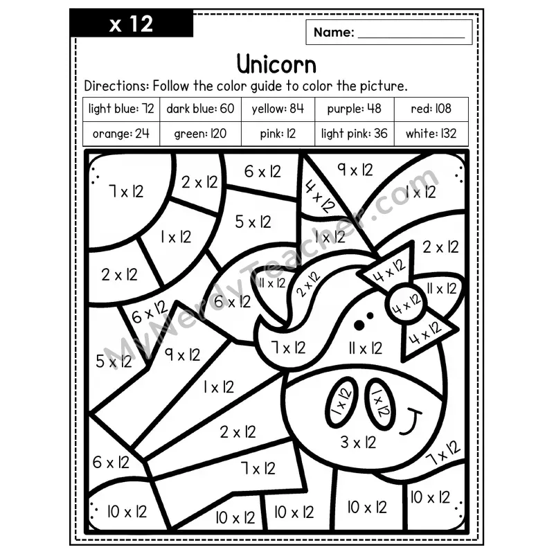 Multiplication Color by Number — x12 — Unicorn (Page 8)