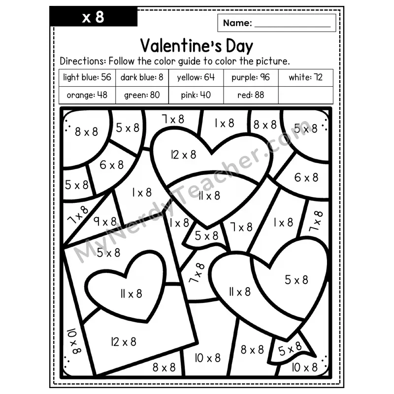 Multiplication Color by Number — x8 — Valentine's Day (Page 5)