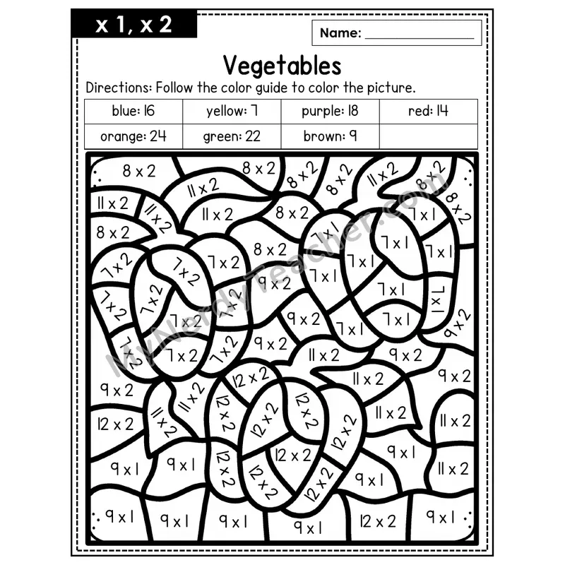 Multiplication Color by Number — x1, x2 — Vegetables (Page 1)