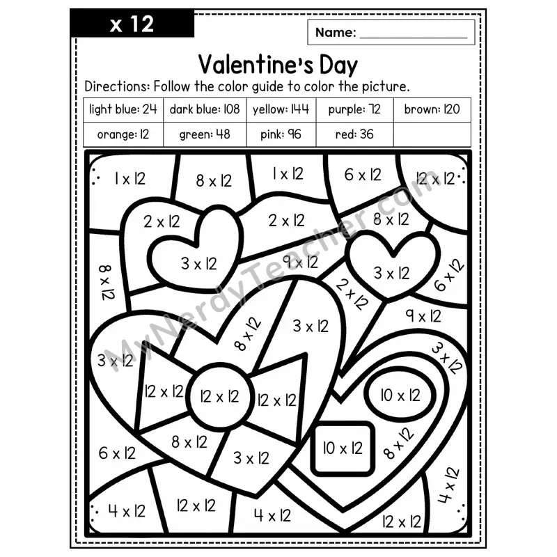 Multiplication Color by Number — x12 — Valentine's Day (Page 8)