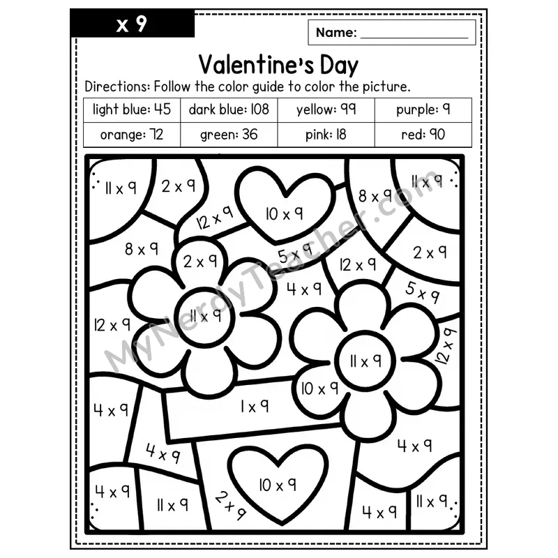 Multiplication Color by Number — x9 — Valentine's Day (Page 6)