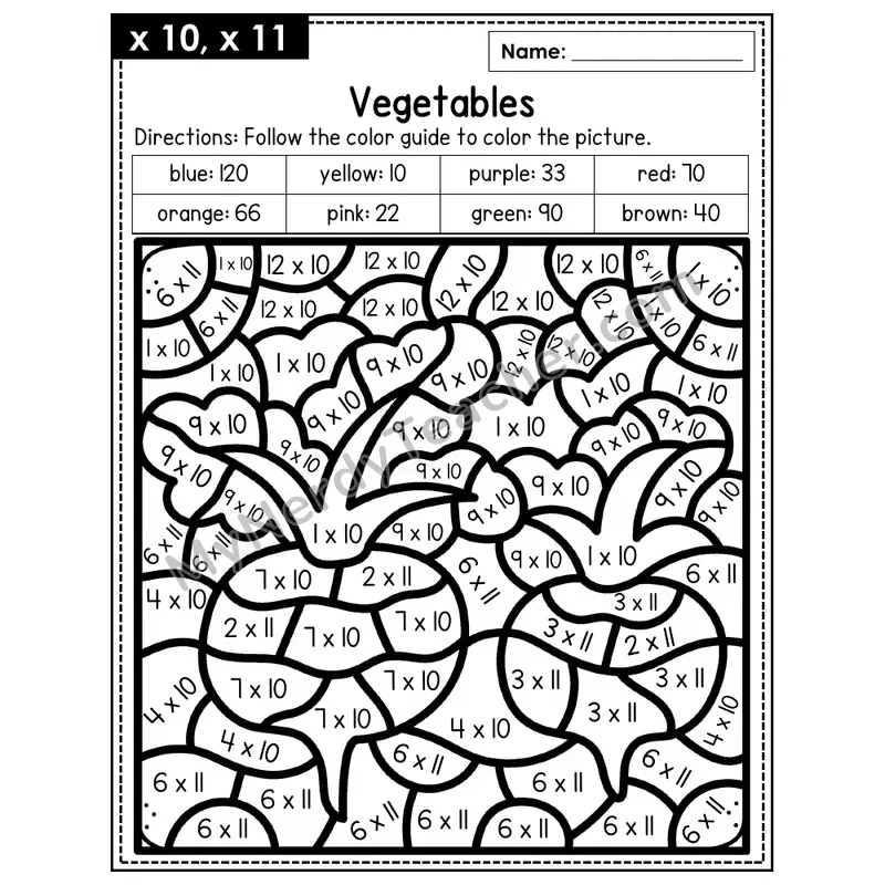 Multiplication Color by Number — x10, x11 — Vegetables (Page 7)