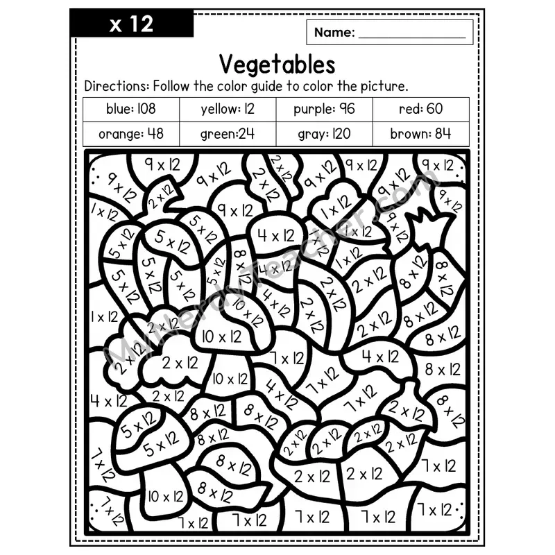 Multiplication Color by Number — x12 — Vegetables (Page 8)
