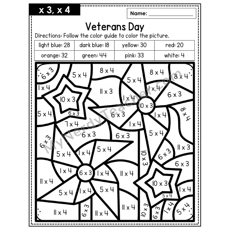 Multiplication Color by Number — x3, x4 — Veteran's Day (Page 2)