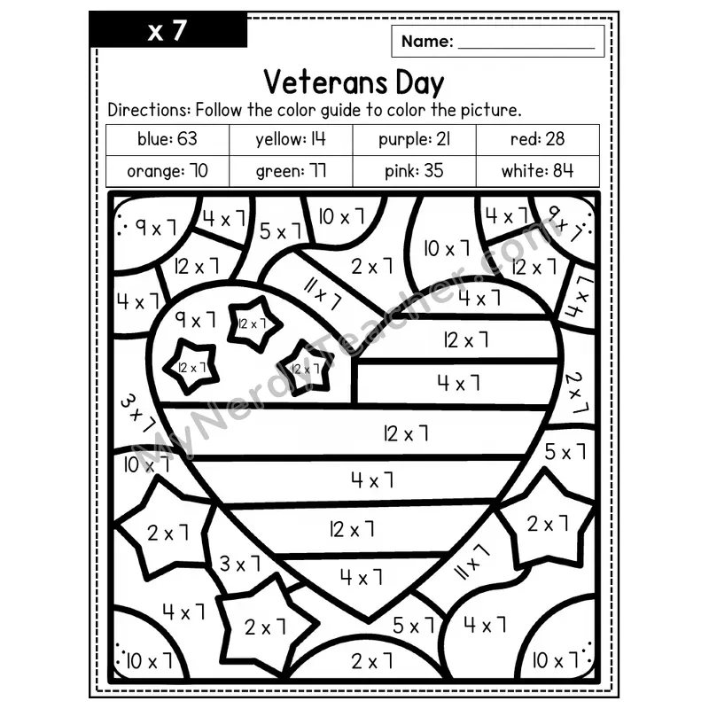 Multiplication Color by Number — x7 — Veteran's Day (Page 4)