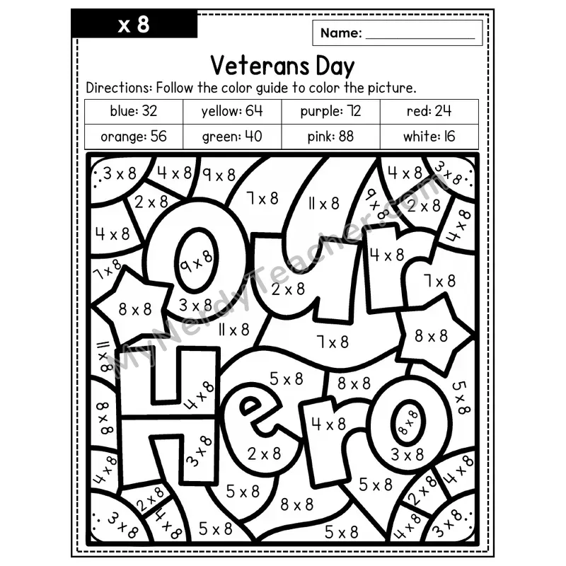 Multiplication Color by Number — x8 — Veteran's Day (Page 5)